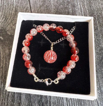 Ruby Gleam Collection - Matching Artesian Glass Bead Necklace and Crackle Glass Beaded Bracelet - Simply Rustic Jewelry