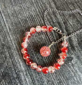 Ruby Gleam Collection - Matching Artesian Glass Bead Necklace and Crackle Glass Beaded Bracelet - Simply Rustic Jewelry