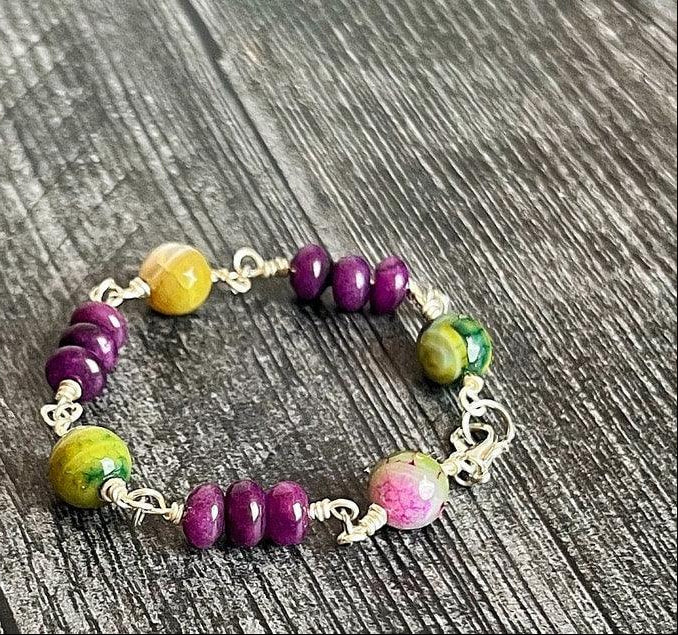 b.129 天然石アメジストとアパタイトのブレスレット・ハンドメイド Simply Rustic' Segments - Amethyst and Agate Link Bracelet