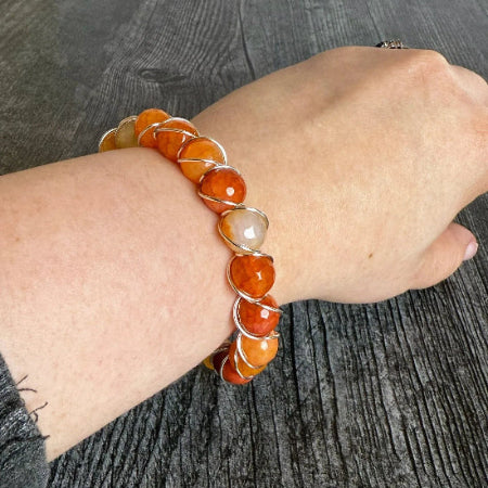 Solar Ember Collection - Matching Carnelian Agate Pendant Necklace and Carnelian Beaded, Wire Wrappec Bracelet - Simply Rustic Jewelry