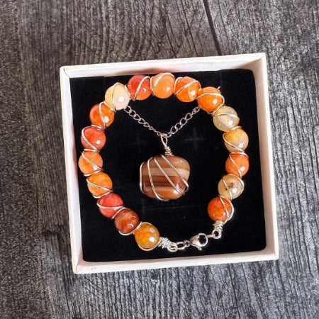 Solar Ember Collection - Matching Carnelian Agate Pendant Necklace and Carnelian Beaded, Wire Wrappec Bracelet - Simply Rustic Jewelry