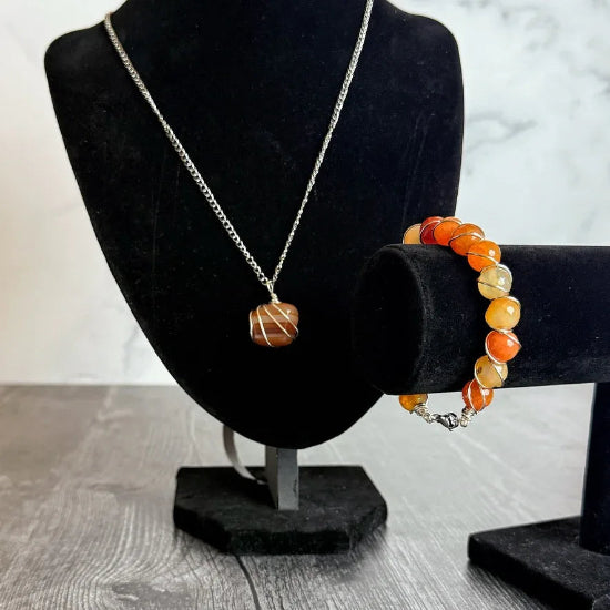 Solar Ember Collection - Matching Carnelian Agate Pendant Necklace and Carnelian Beaded, Wire Wrappec Bracelet - Simply Rustic Jewelry
