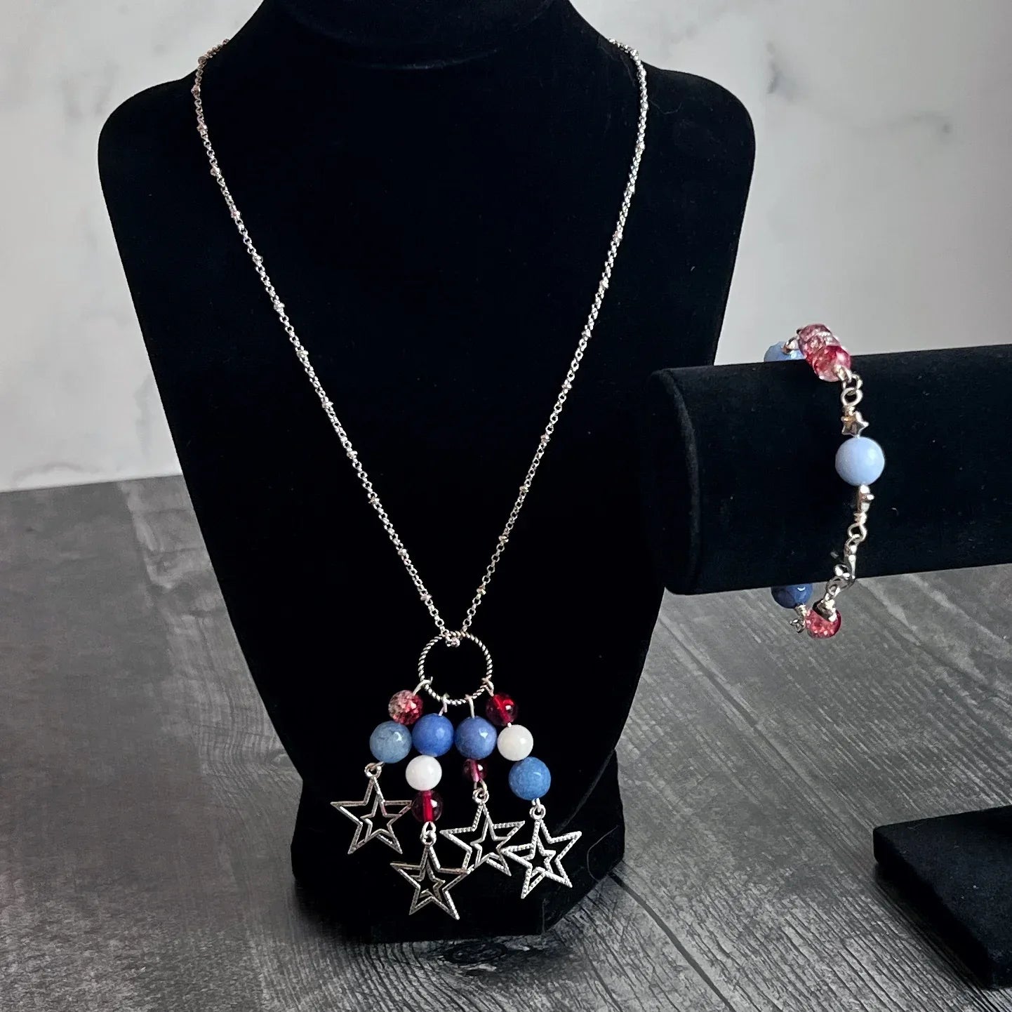 Star Spangled Collection -Matching Necklace and Bracelet Set - Dragons Vein Agate and Crackle Glass Beads - Simply Rustic Jewelry