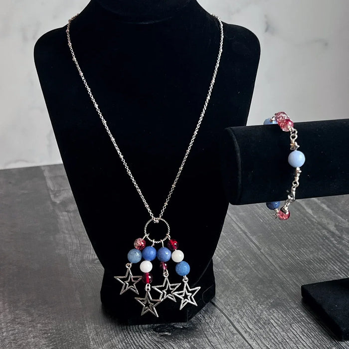 Star Spangled Collection -Matching Necklace and Bracelet Set - Dragons Vein Agate and Crackle Glass Beads - Simply Rustic Jewelry