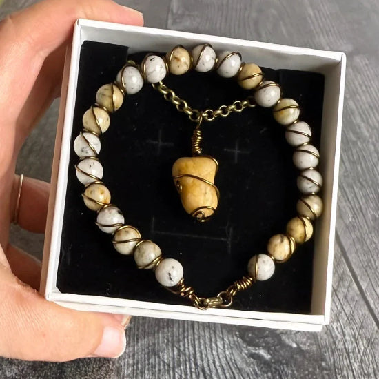 Sunworn Collection - Matching Yellow Jasper Necklace and Agate Beaded and Wire Wrapped Bracelet - Simply Rustic Jewelry