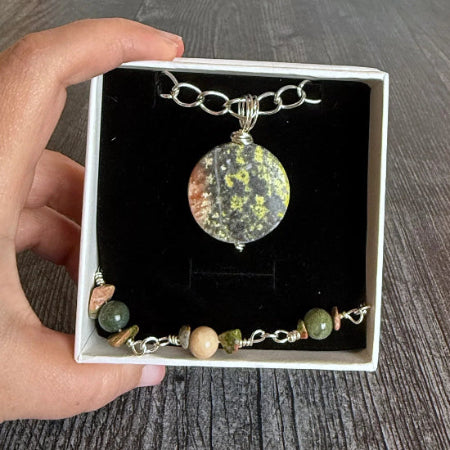 Tribal Relic Collection - Handmade Matching Unakite Necklace and Moss Agate Bracelet - Simply Rustic Jewelry