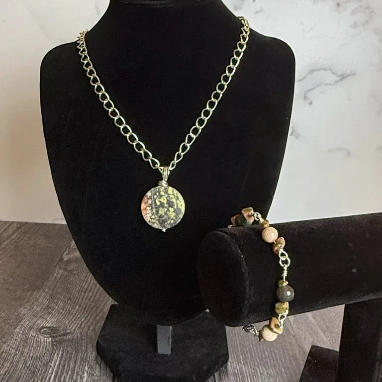 Tribal Relic Collection - Handmade Matching Unakite Necklace and Moss Agate Bracelet - Simply Rustic Jewelry