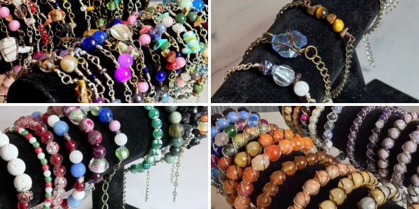 Collage of various beaded bracelets on display