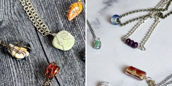 Two sets of necklaces with various pendants on a wooden and marble surface.