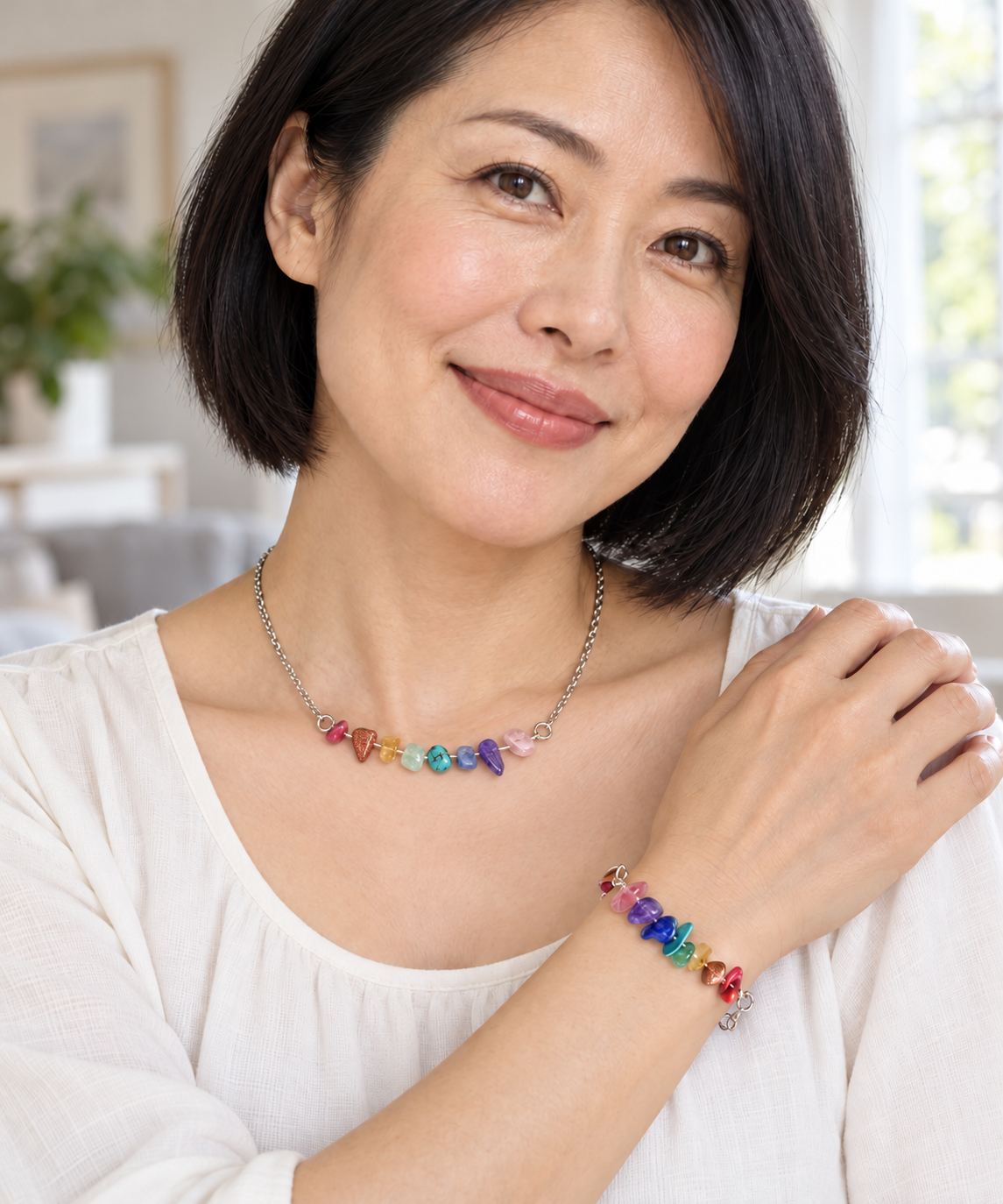 Be Proud Collection - Handmade Multicolored Bead Chip Matching Necklace and Bracelet Set - Turquoise, Amethyst, Citrine, Aventurine and Rose Quartz