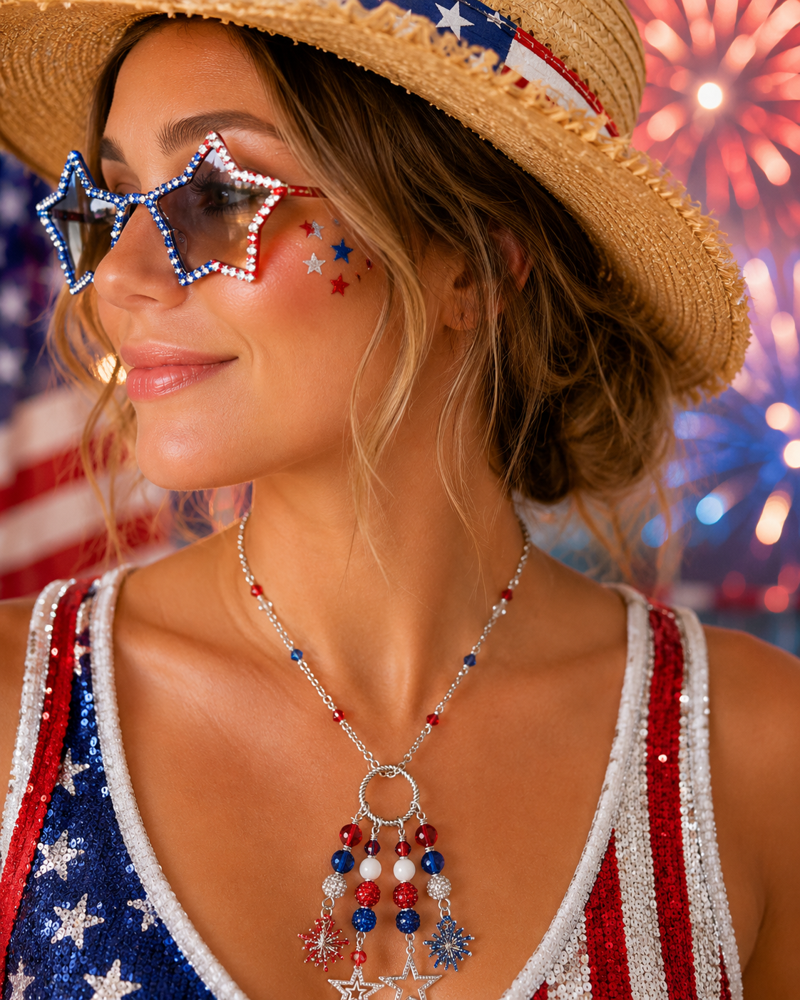 Star Spangled Necklace -beaded pendant necklace - Dragon's Vein Agate, Crackle Glass