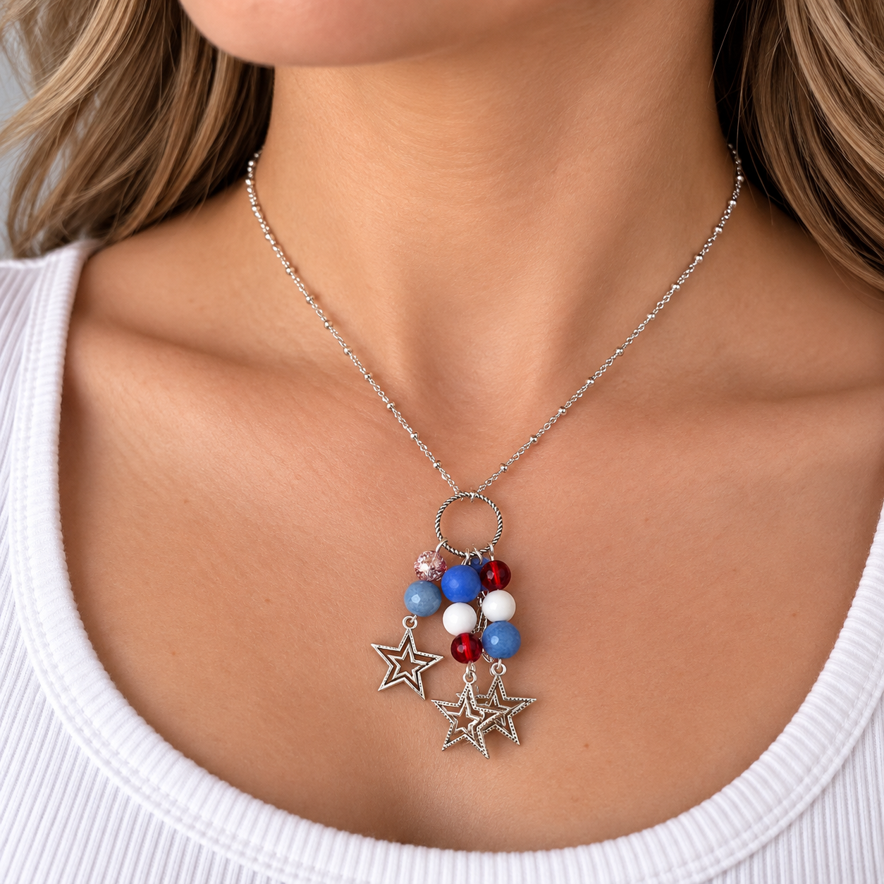 Star Spangled Necklace -beaded pendant necklace - Dragon's Vein Agate, Crackle Glass