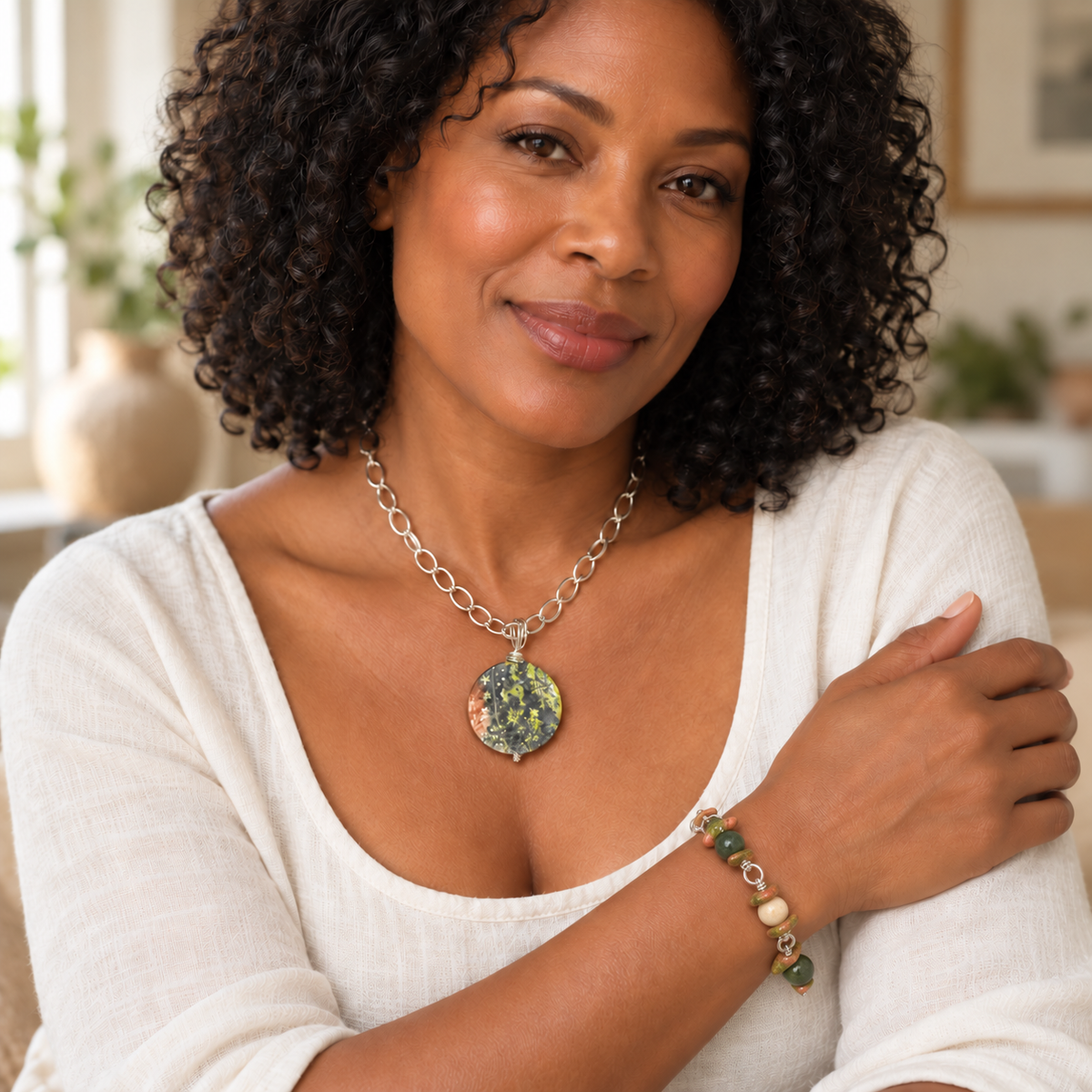 Tribal Relic Collection - Handmade Matching Unakite Necklace and Moss Agate Bracelet