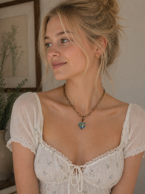 Woman wearing a white lace dress with a heart-shaped pendant necklace indoors.