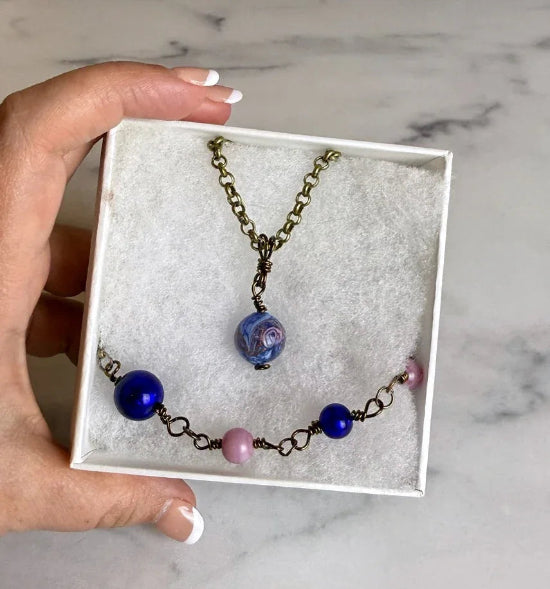 Moonlit Gardens Collection - Handmade Matching Artisan Glass Bead Necklace and Glass Bracelet Set - Simply Rustic Jewelry