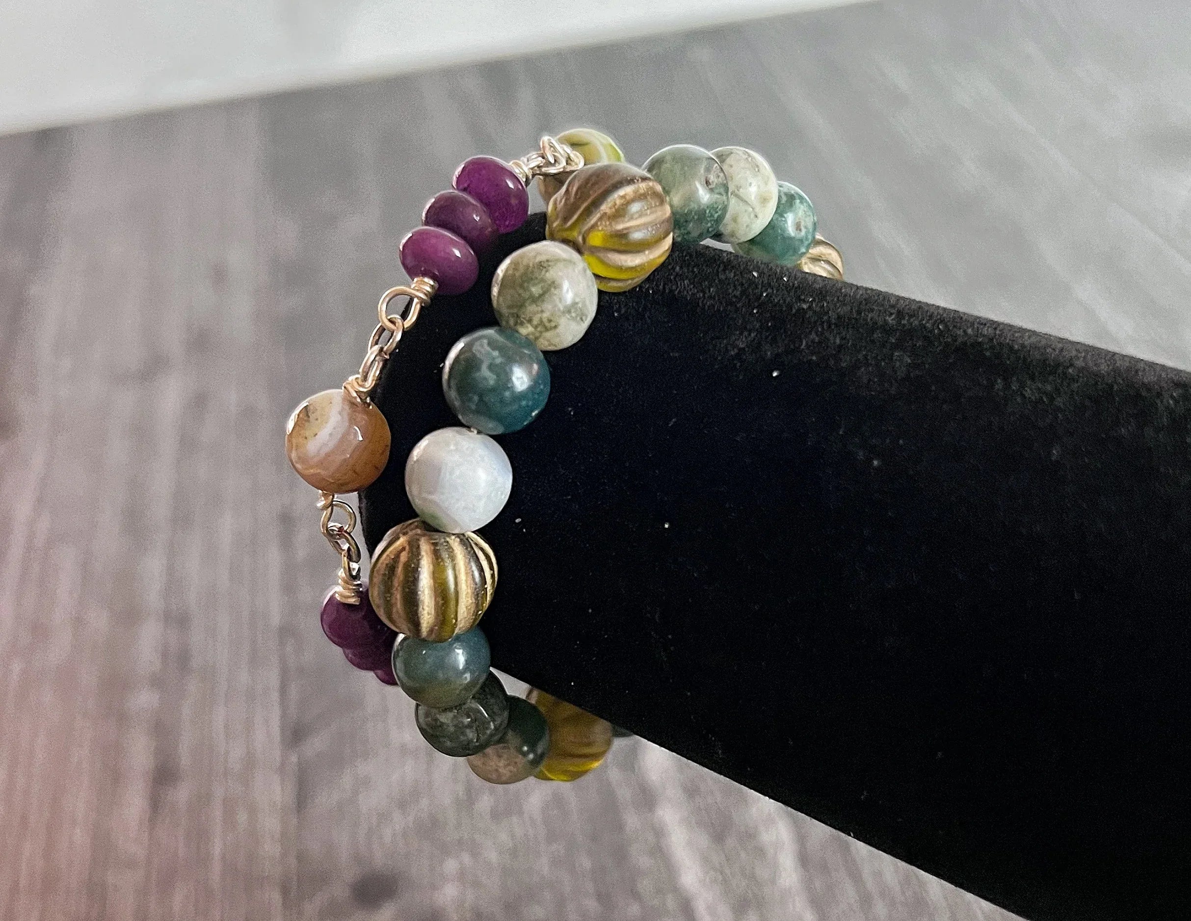 Rustic Tides Bracelet Stack - Moss Agate Beaded Bracelet, Amethyst Link Bracelet - Simply Rustic Jewelry