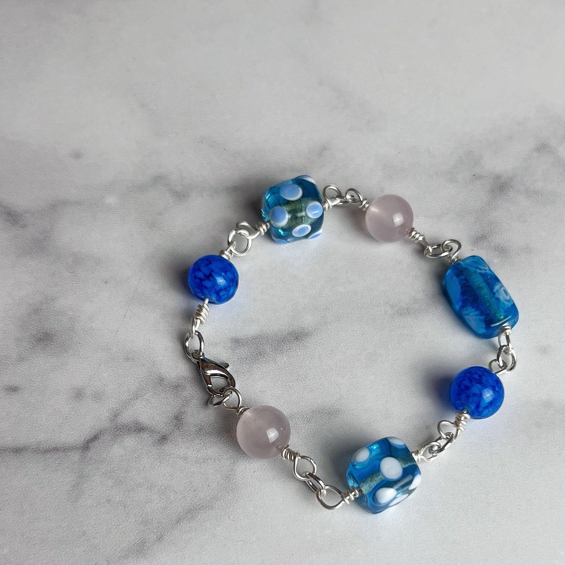 Ocean Blue Bracelet -Link Bracelet - Glass Beads - Simply Rustic Jewelry