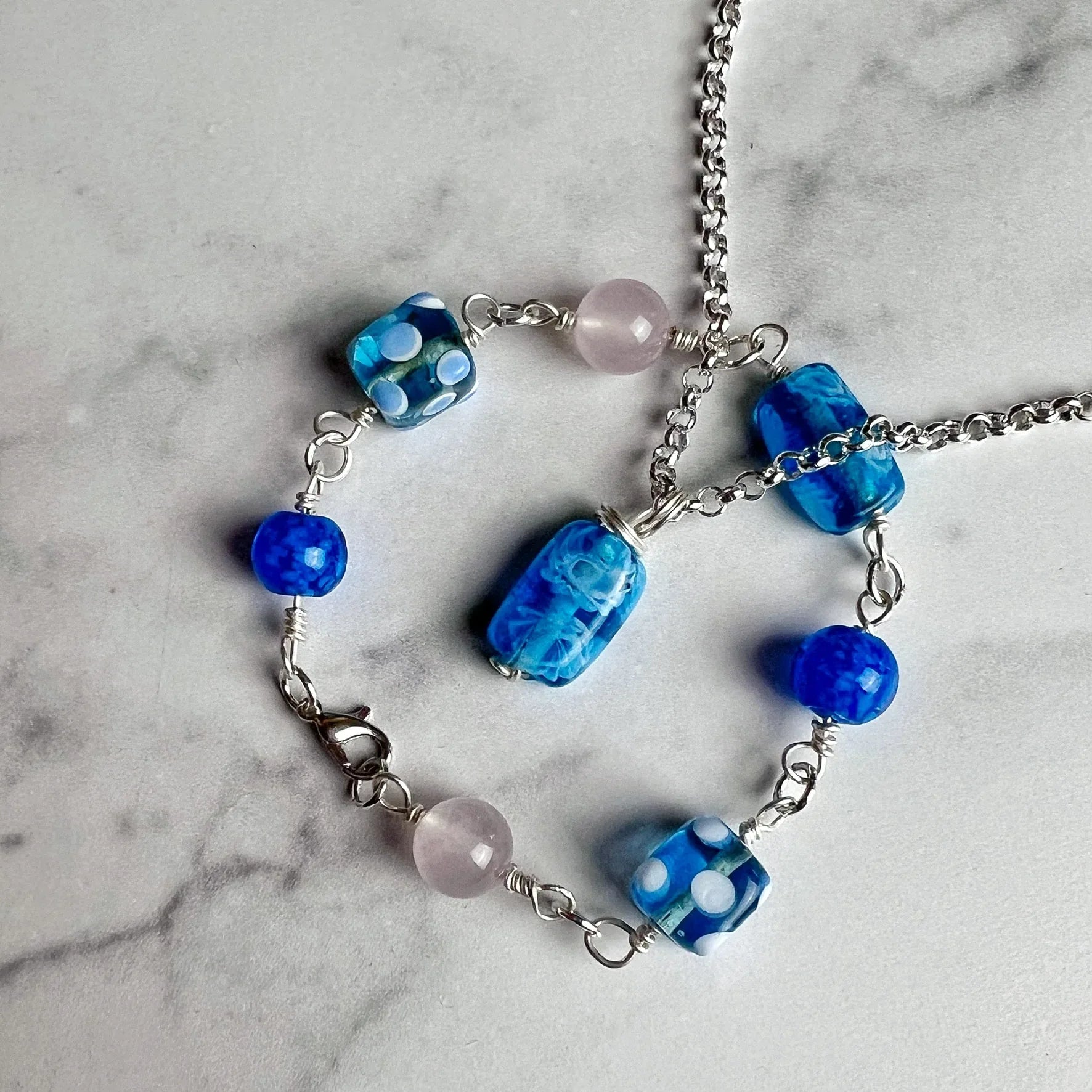 Ocean Blue Collection -Handmade Matching Glass Bead Necklace and Glass Beaded Link Bracelet Set - Simply Rustic Jewelry