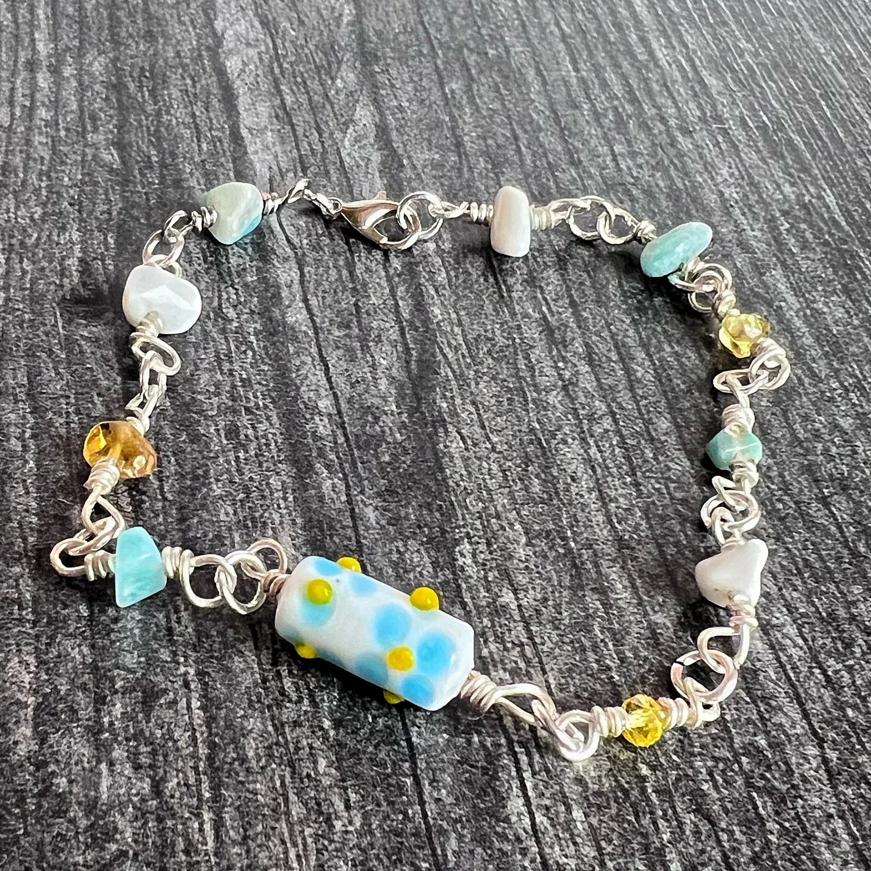 Turquoise Petal Harmony Bracelet- Amazonite, Citrate and Glass Link Bracelet - Simply Rustic Jewelry