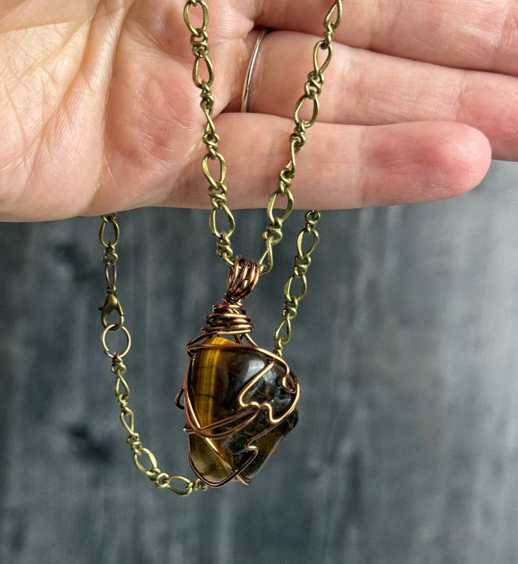 Tree Bark Necklace - Handmade Simple Wire Wrapped Tiger's Eye Pendant - Simply Rustic Jewelry