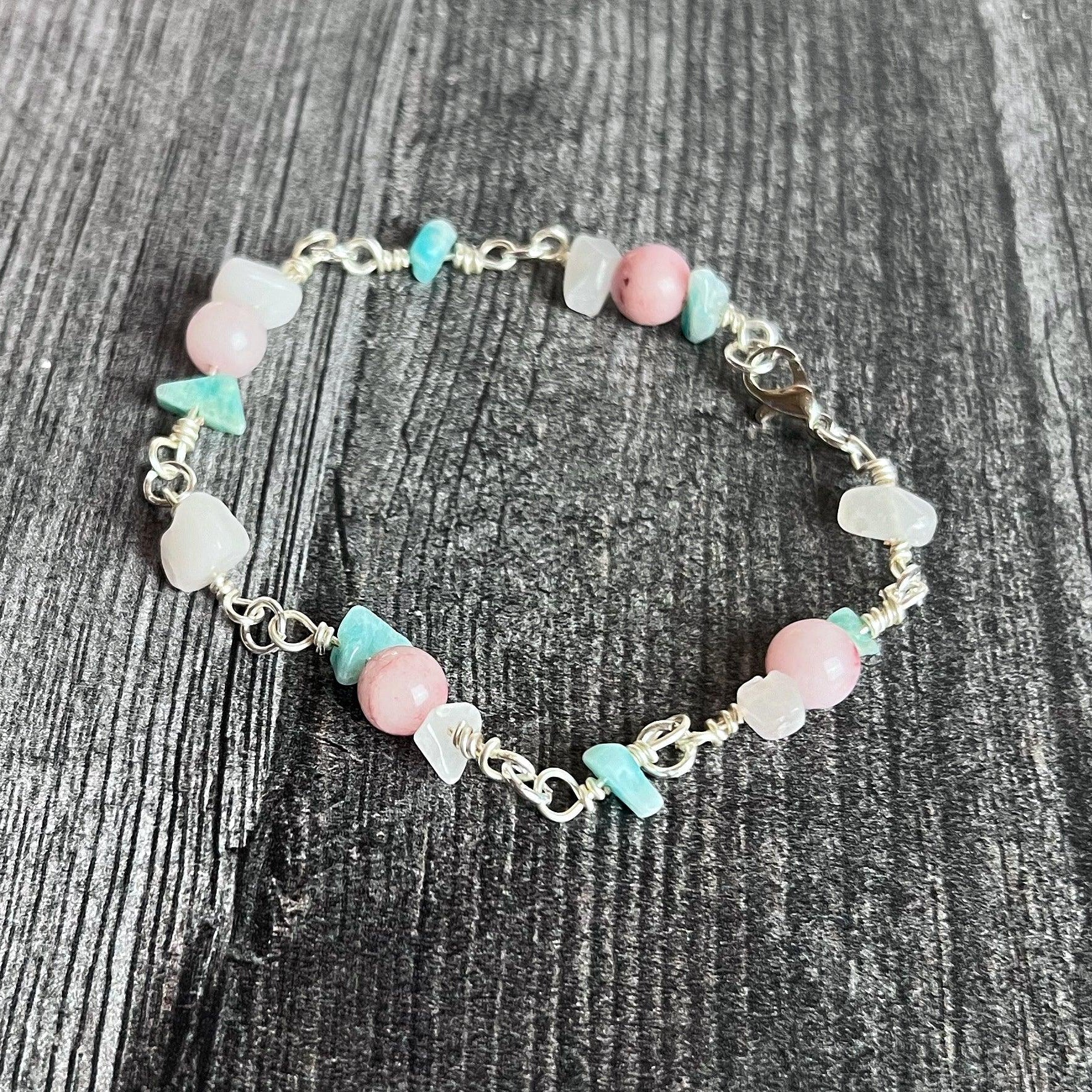 Pastel Primrose Bracelet -Link Bracelet - Blue Howlite and White Malaysia Jade Pink Agate Beads - Simply Rustic Jewelry