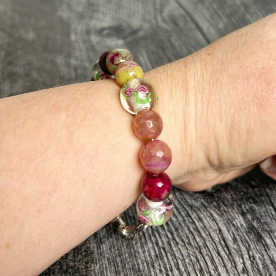 Timeless Rose Collection - Handmade Agate and Glass Beaded Bracelet - Simply Rustic Jewelry