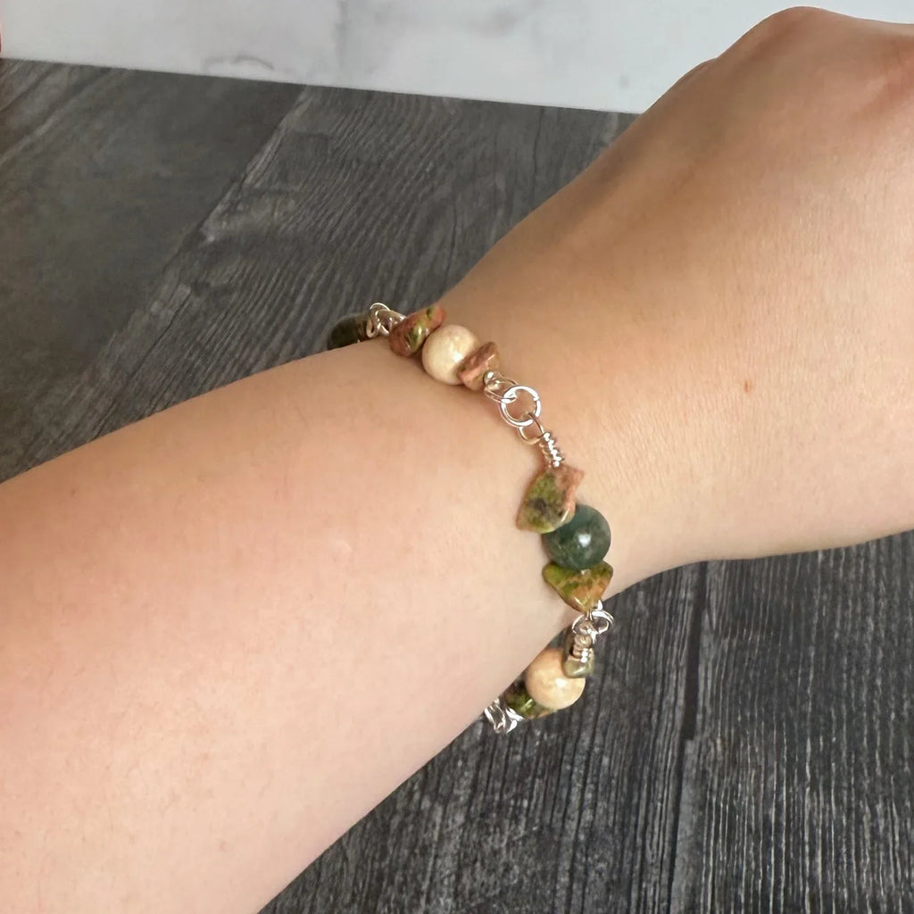 Tribal Relic Bracelet - Handcrafted Moss Agate Beaded Link Bracelet - Simply Rustic Jewelry
