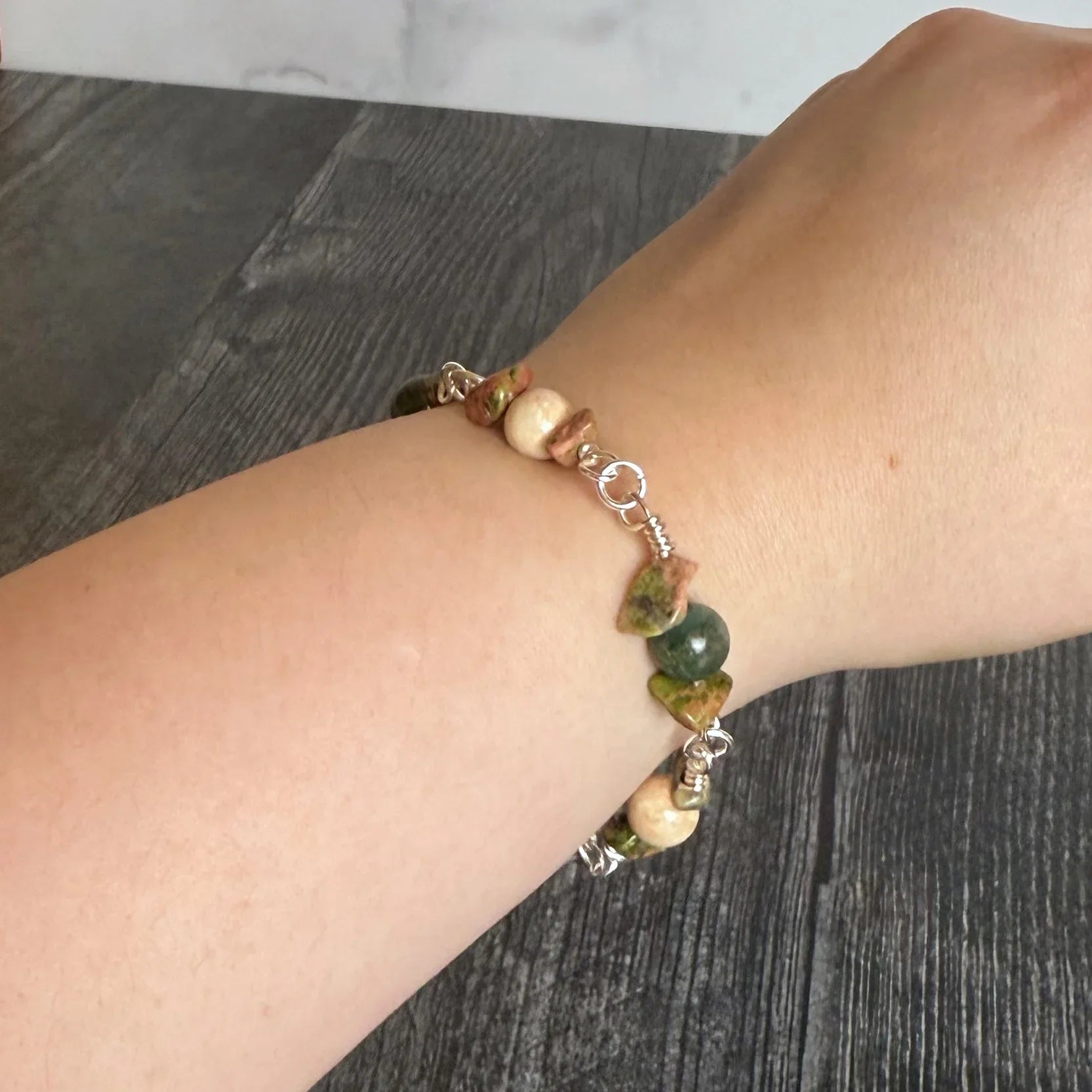 Tribal Relic Bracelet - Handcrafted Moss Agate Beaded Link Bracelet - Simply Rustic Jewelry