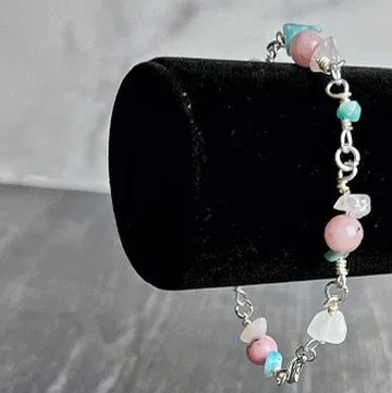 Pastel Primrose Bracelet -Link Bracelet - Blue Howlite and White Malaysia Jade Pink Agate Beads - Simply Rustic Jewelry