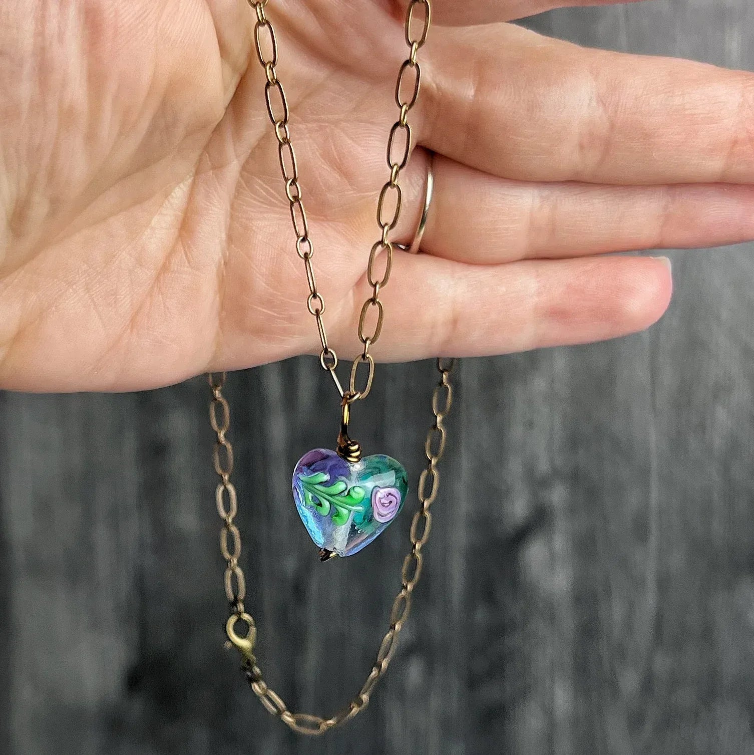 Blooming Hearts Necklace -Beaded Glass Pendant Necklace - Simply Rustic Jewelry