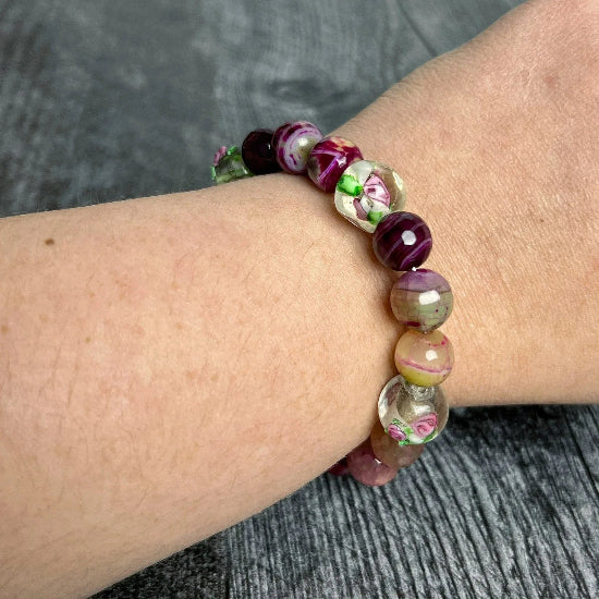 Timeless Rose Collection - Handmade Agate and Glass Beaded Bracelet - Simply Rustic Jewelry