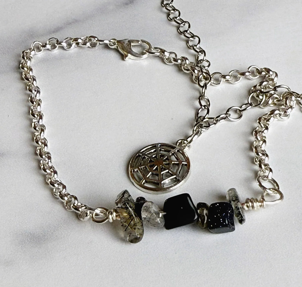 Haunted Threads Collection - Matching Spider Web Necklace and Blue Aventurine and Clear Tourmaline Bead Chips Bracelet Set - Simply Rustic Jewelry