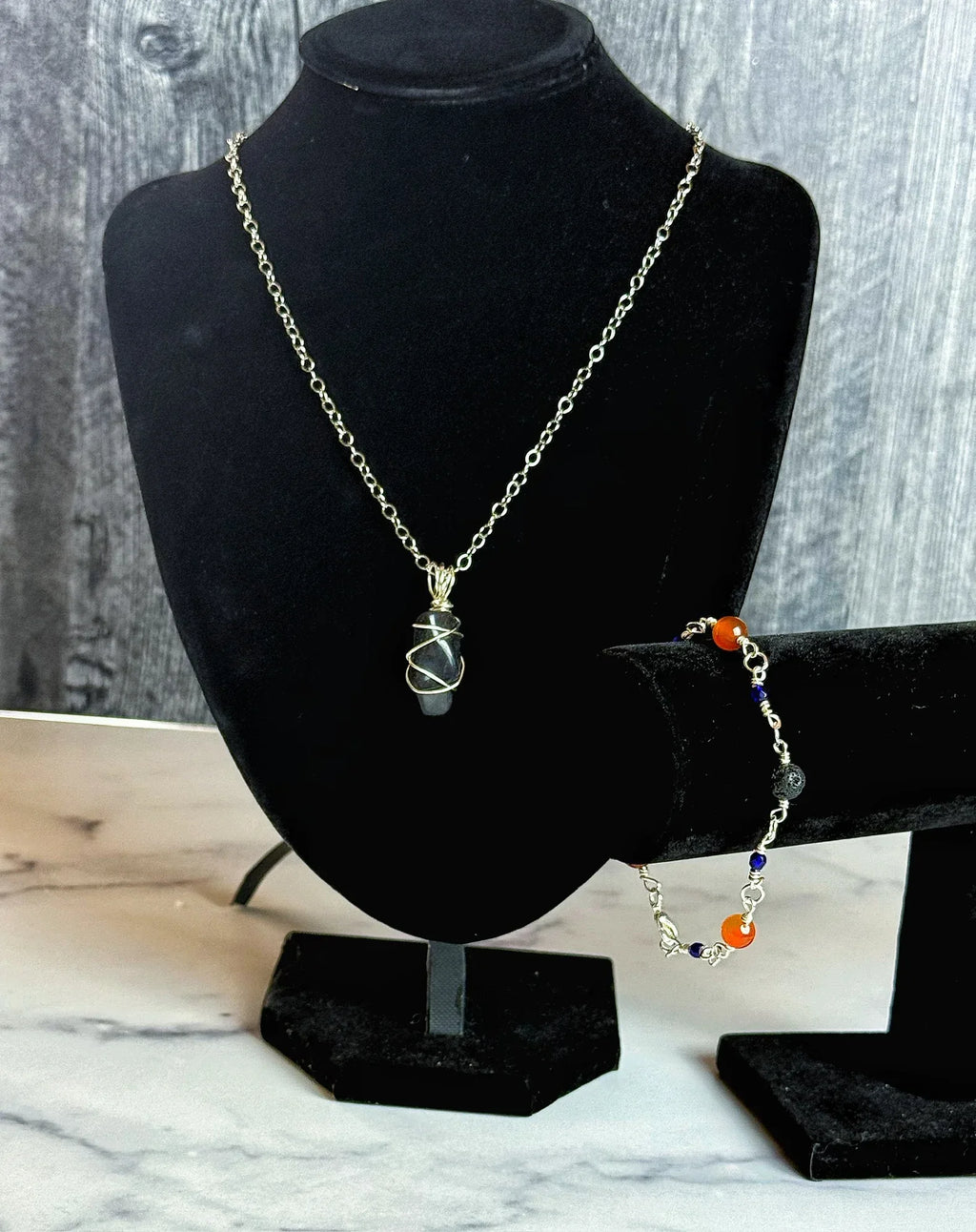 Gothic Glam Collection - Matching Obsidian Necklace and Lapis Lazul Link Bracelet Set - Simply Rustic Jewelry