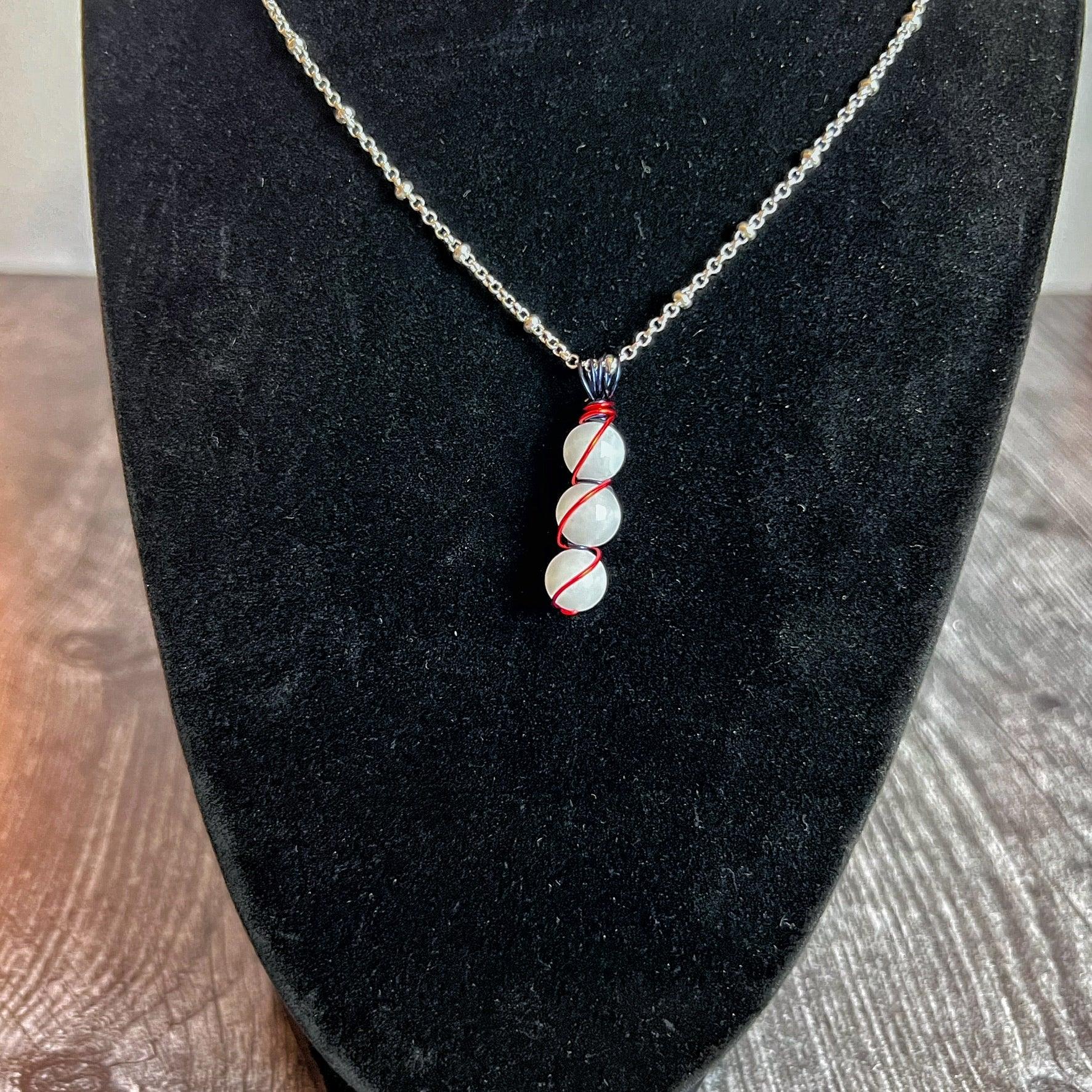 Red, White and Beautiful Necklace -Handmade Selenite Beaded Pendant Necklace - Simply Rustic Jewelry