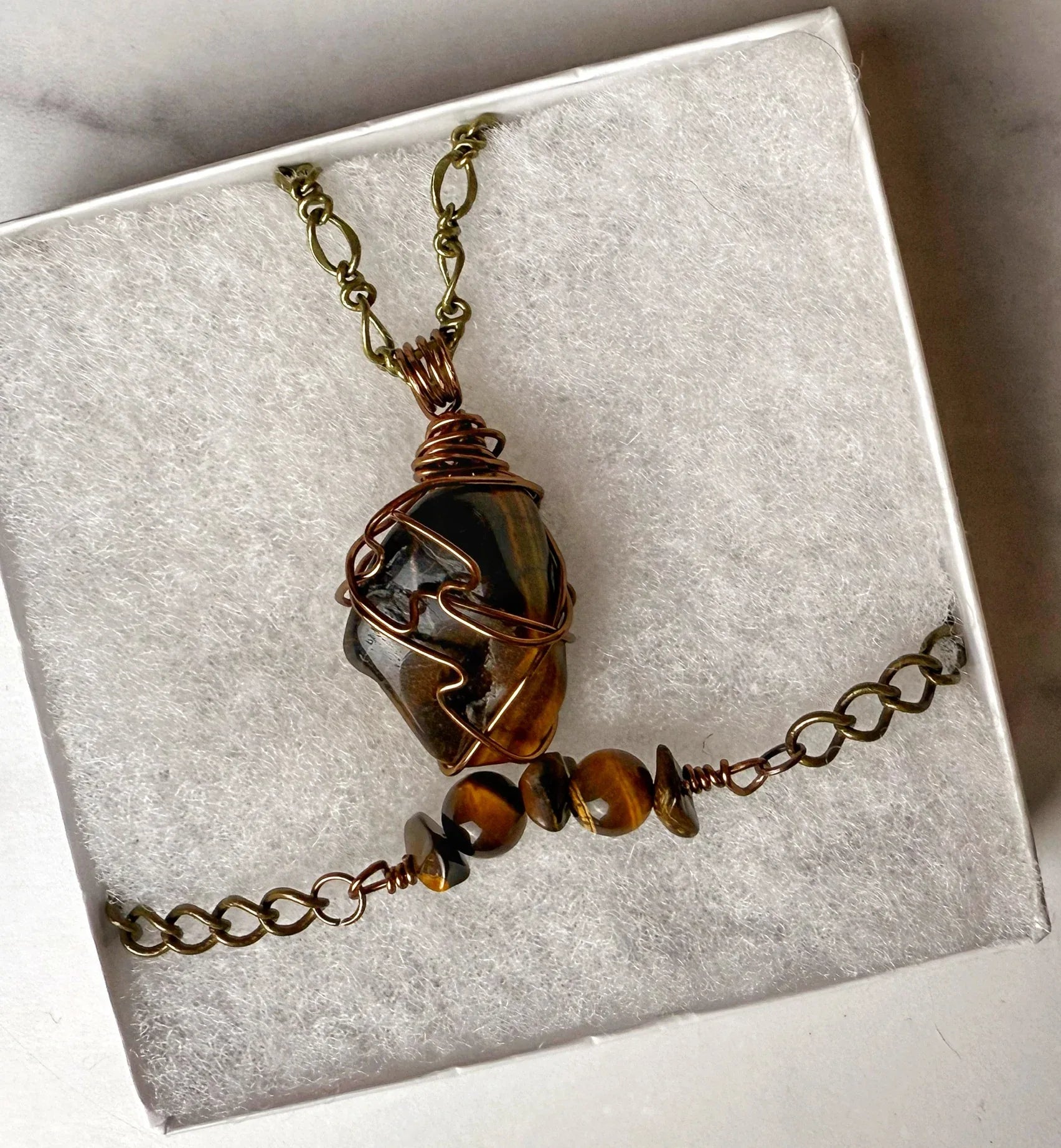 Tree Bark Collection -Handmade Matching Wire Wrapped Tiger's Eye Necklace and Bracelet Set - Simply Rustic Jewelry