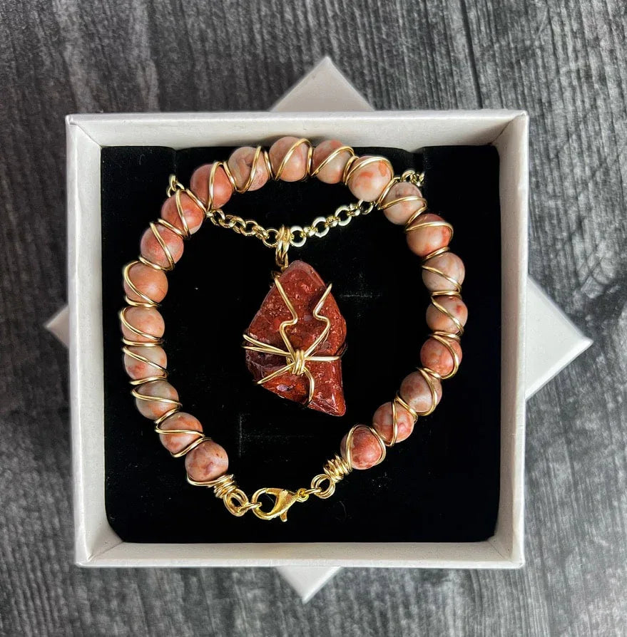 Crimson Sunburst Collection -Handmade Matching Jasper Necklace and Sunstone Wire Wrapped Bracelet Set - Simply Rustic Jewelry