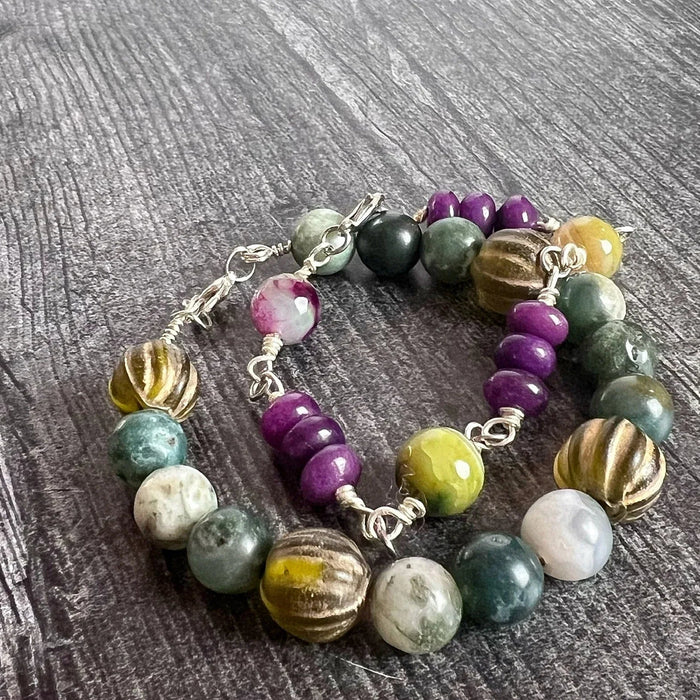 Rustic Tides Bracelet Stack - Moss Agate Beaded Bracelet, Amethyst Link Bracelet - Simply Rustic Jewelry