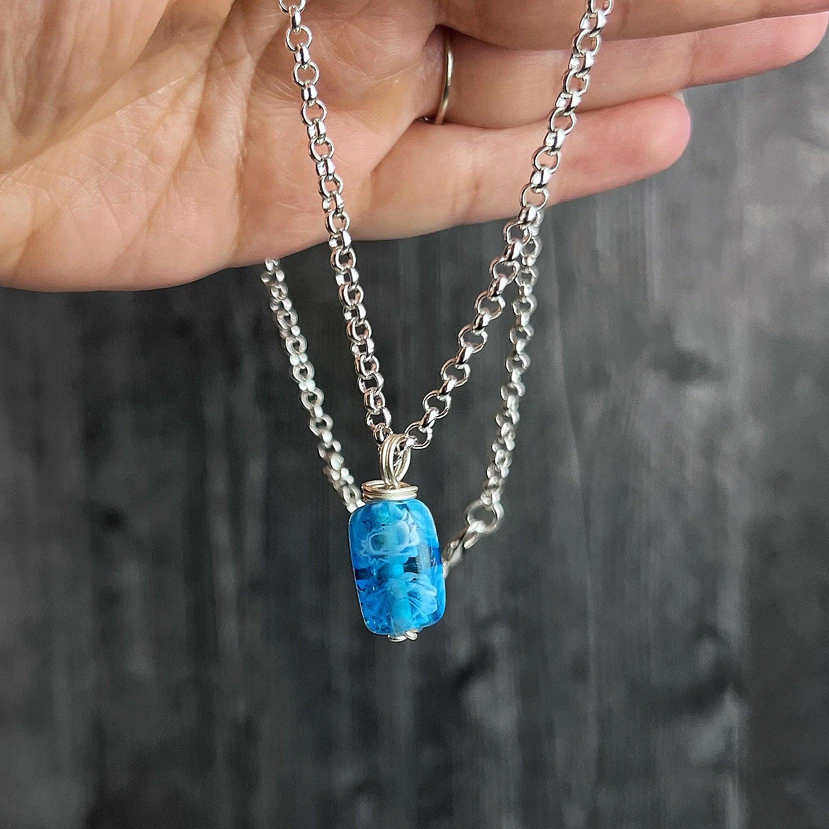Ocean Blue Necklace -Glass Beaded Pendant Necklace - Simply Rustic Jewelry