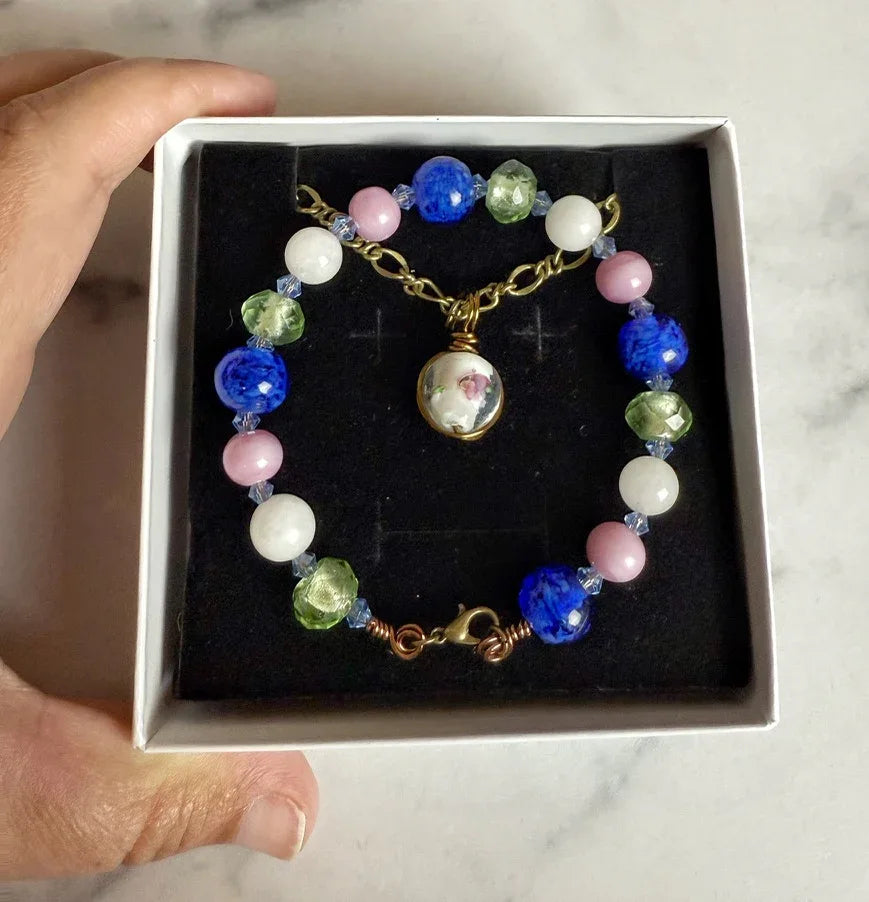 Bright Meadow Collection - Matching Glass Necklace and Selenite, Glass, Aventurine and Agate Bracelet Set - Simply Rustic Jewelry