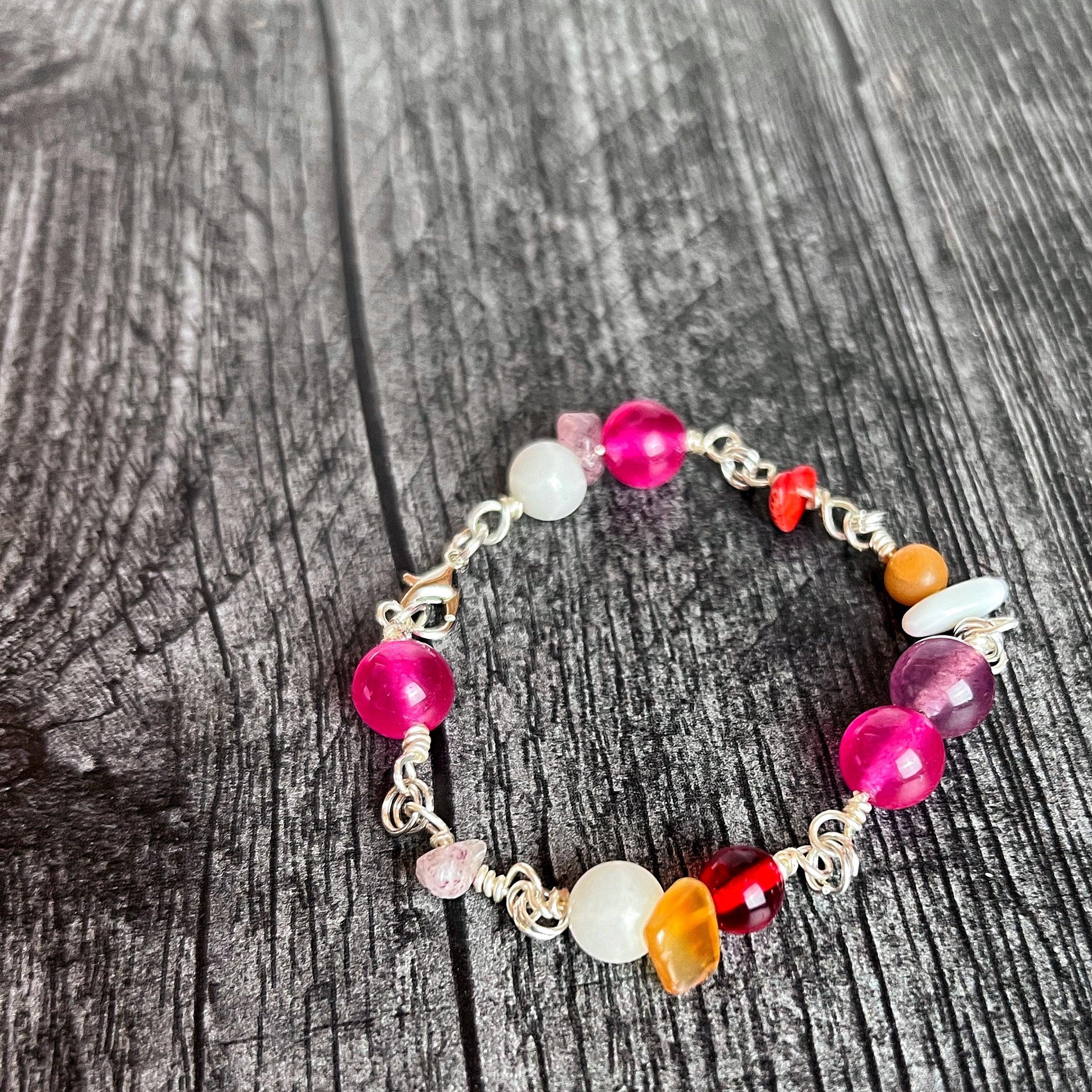 Pride Gems Collection -Matching Rose Quartz Necklace and Glass Beaded Link Bracelet Set - Simply Rustic Jewelry