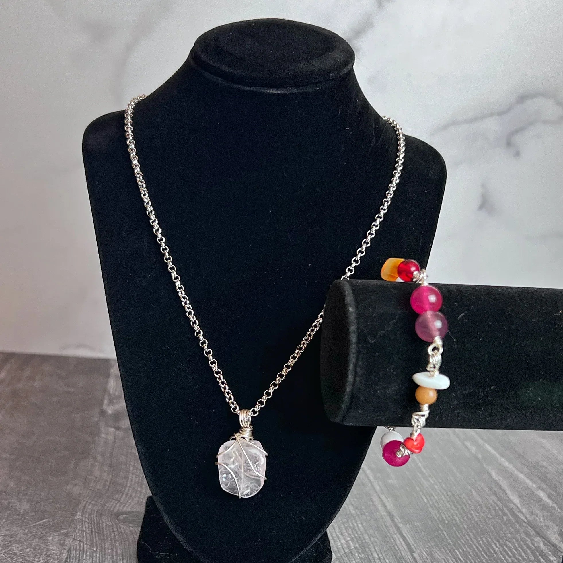 Pride Gems Collection -Matching Rose Quartz Necklace and Glass Beaded Link Bracelet Set - Simply Rustic Jewelry