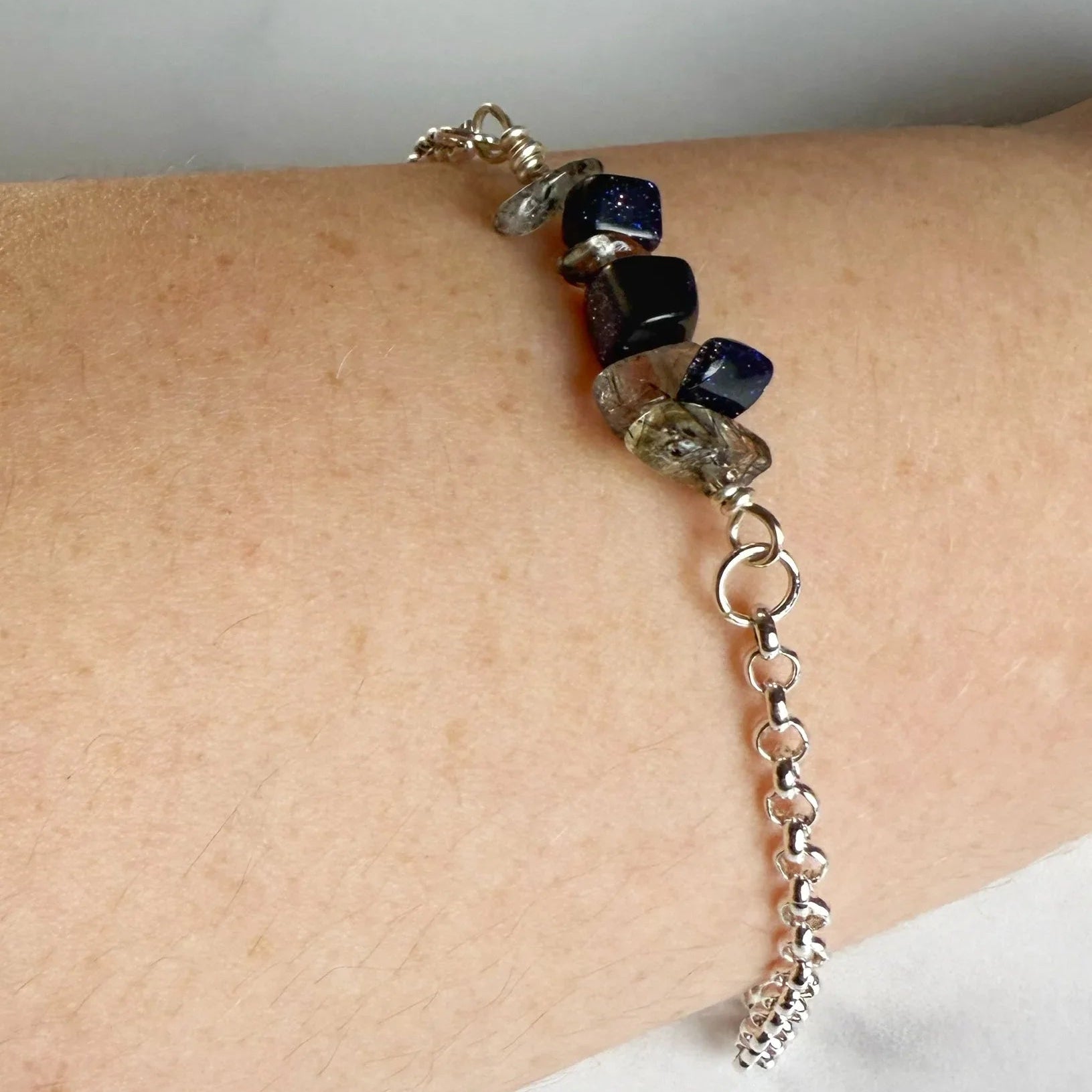 Haunted Threads Bracelet - Chain Bracelets with Stones -Blue Aventurine and Clear Tourmaline Bead Chips - Simply Rustic Jewelry