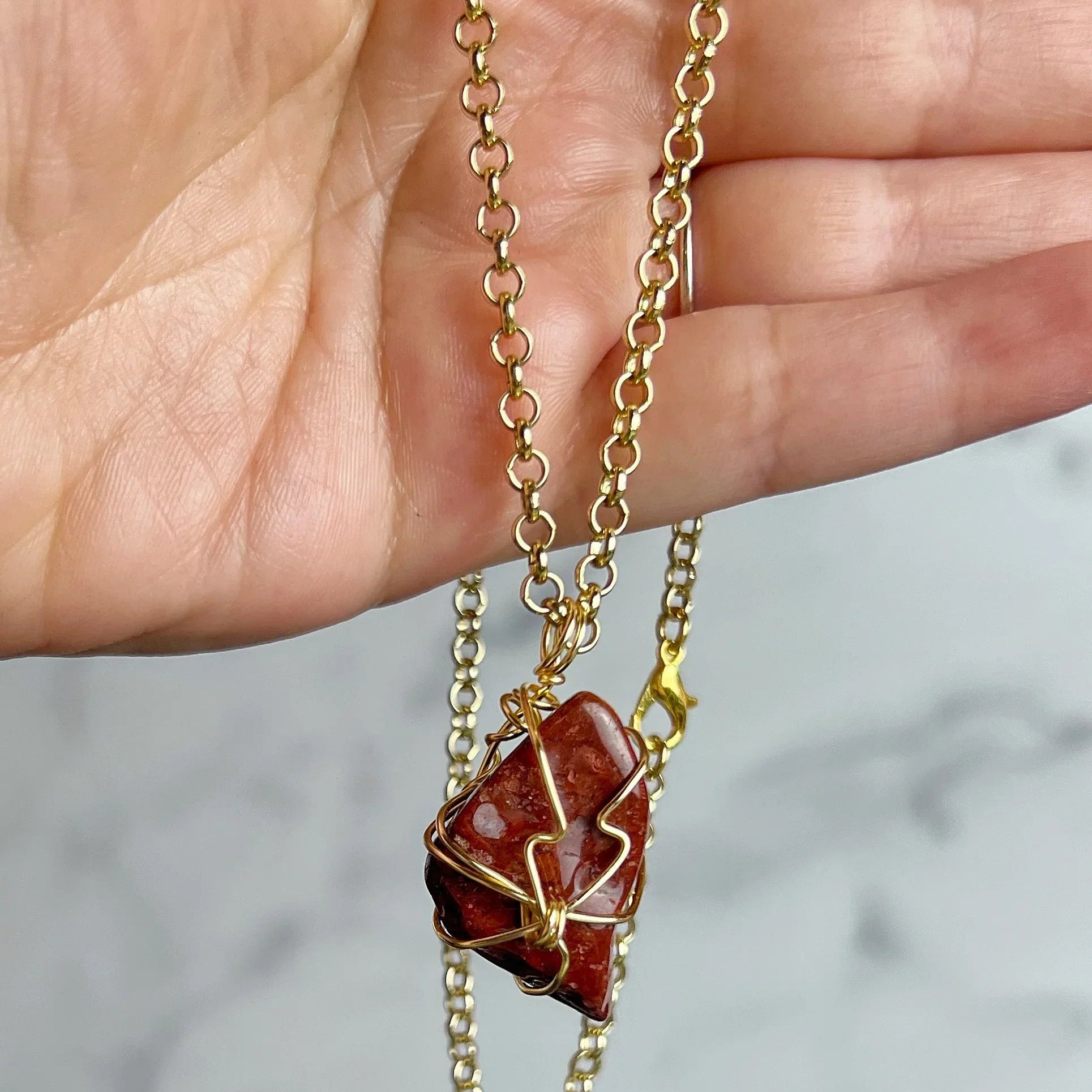 Crimson Sunburst Necklace -Simple Jasper wire wrapped crystal pendant - Simply Rustic Jewelry