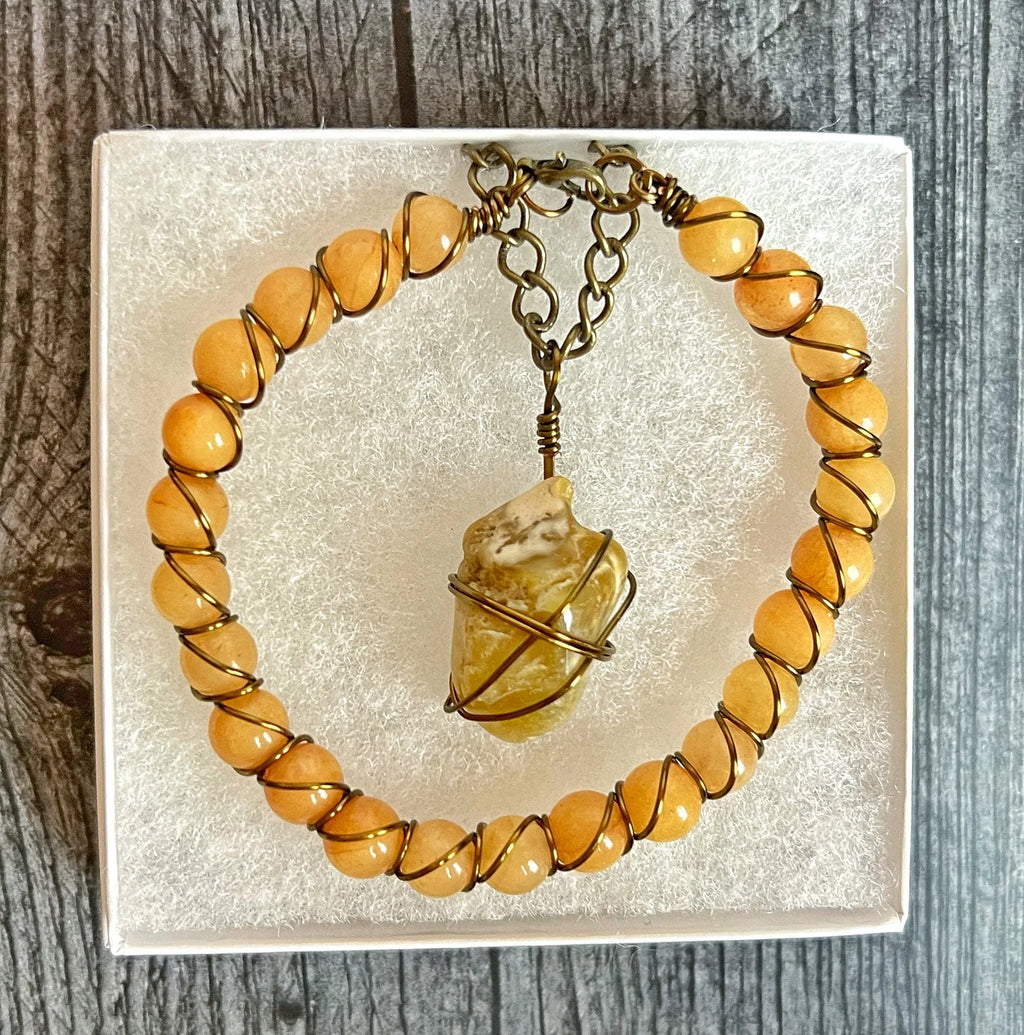 Golden Hour Collection -Handmade Matching Yellow Aventurine Necklace and Bracelet Agagte Wire Wrapped BraceletSet - Simply Rustic Jewelry
