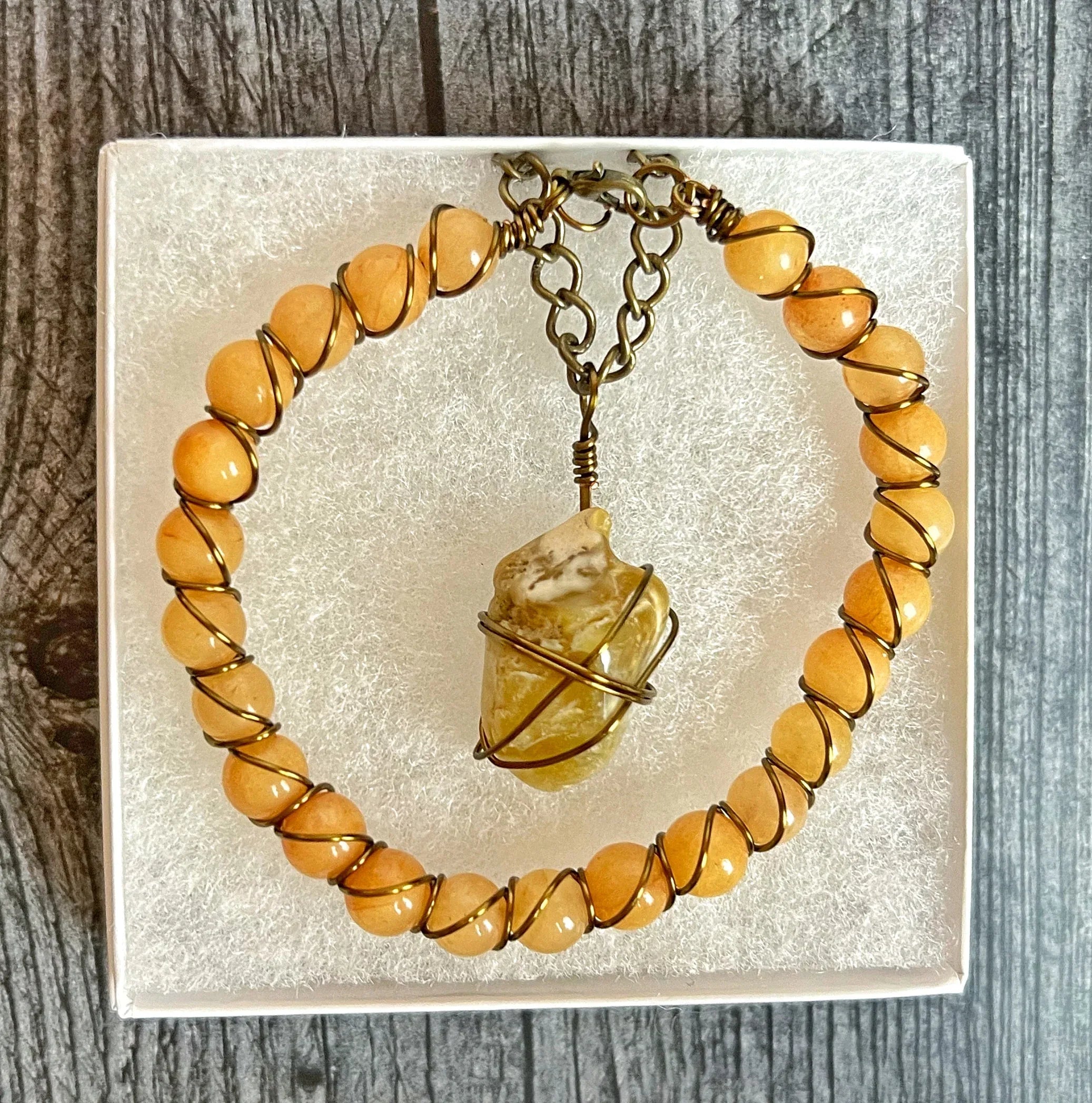 Golden Hour Collection -Handmade Matching Yellow Aventurine Necklace and Bracelet Agagte Wire Wrapped BraceletSet - Simply Rustic Jewelry
