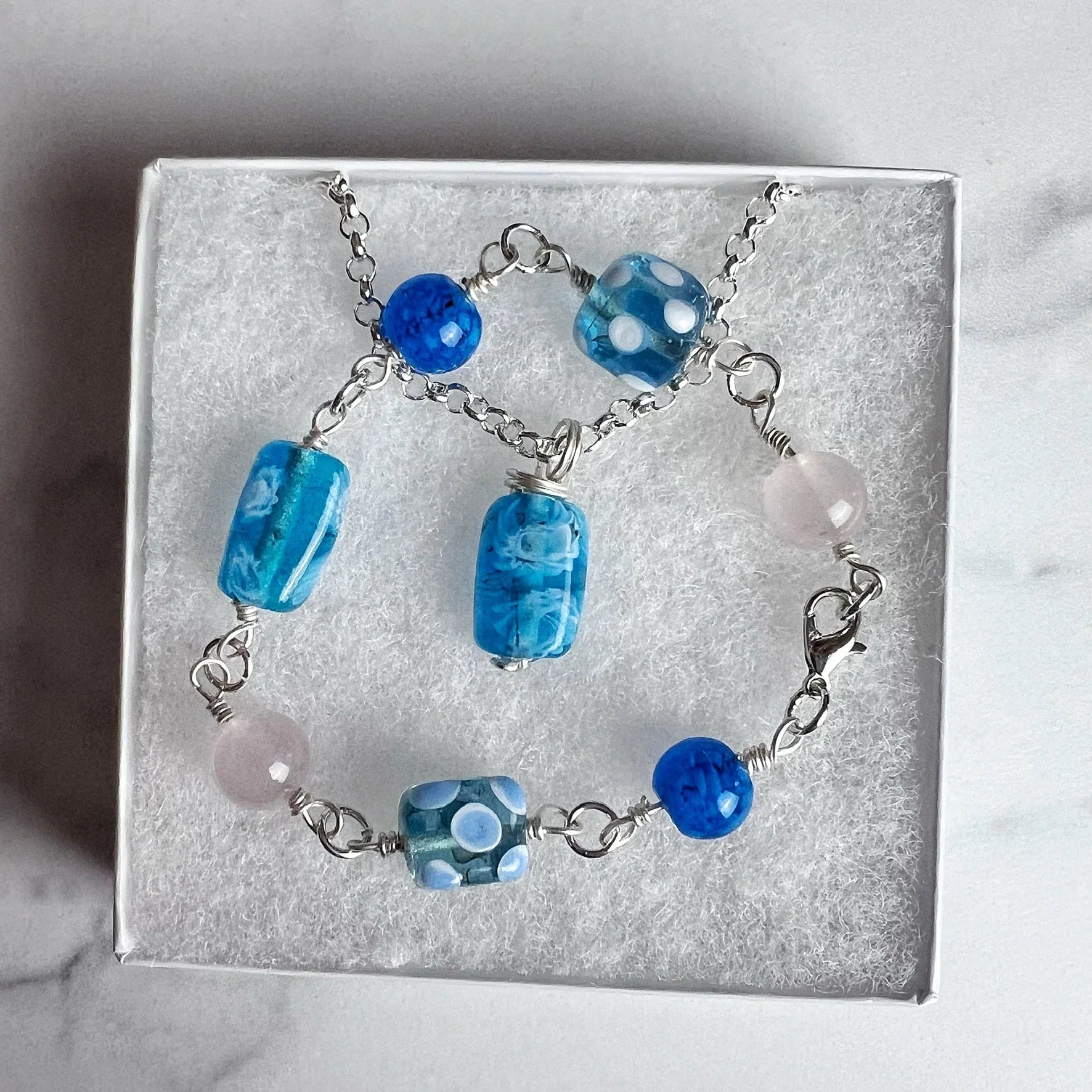 Ocean Blue Collection -Handmade Matching Glass Bead Necklace and Glass Beaded Link Bracelet Set - Simply Rustic Jewelry