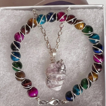 Pop of Color Collection -Matching Lapidolite Necklace and Tiger's Eye Bracelet Set - Simply Rustic Jewelry