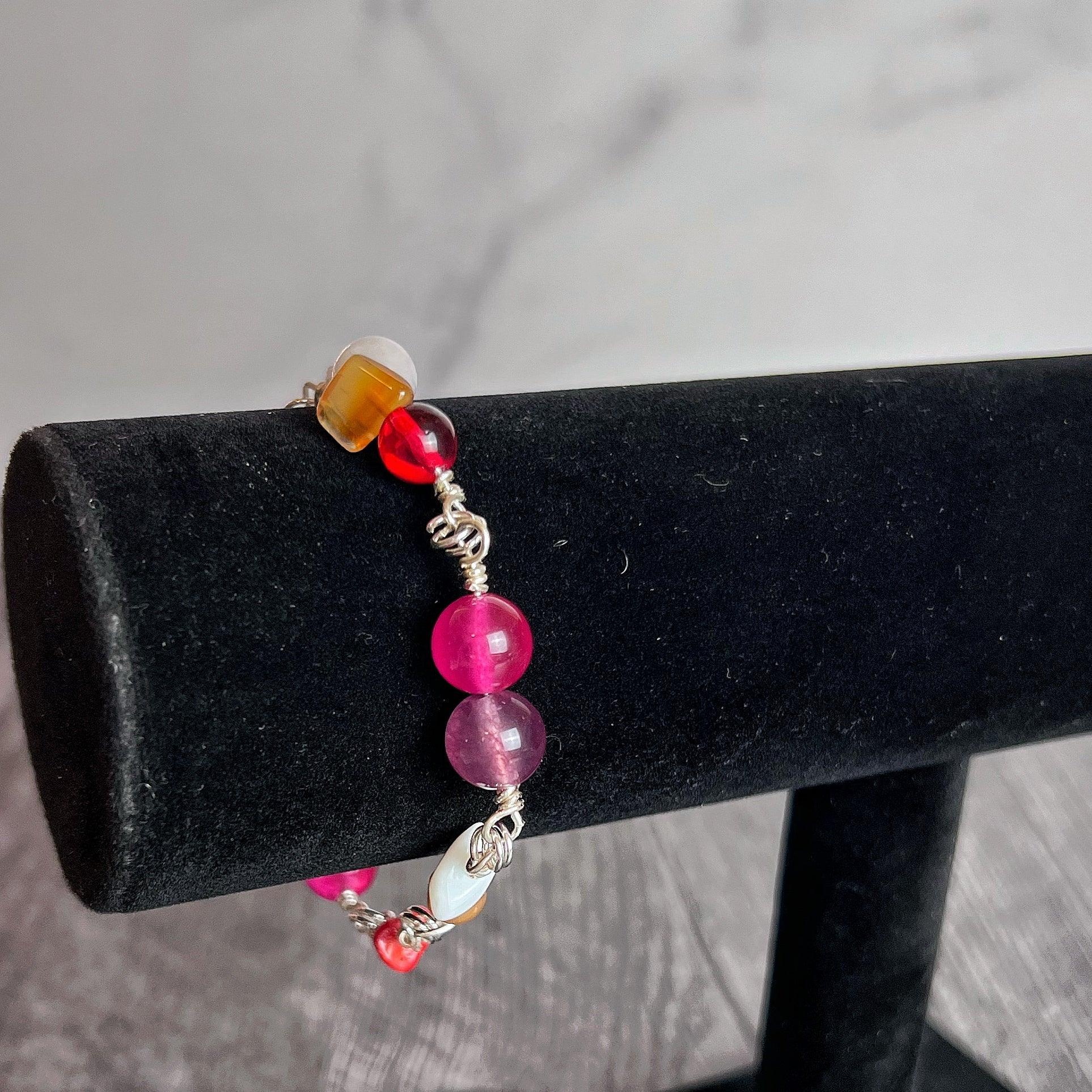 Pride Gems Collection -Matching Rose Quartz Necklace and Glass Beaded Link Bracelet Set - Simply Rustic Jewelry