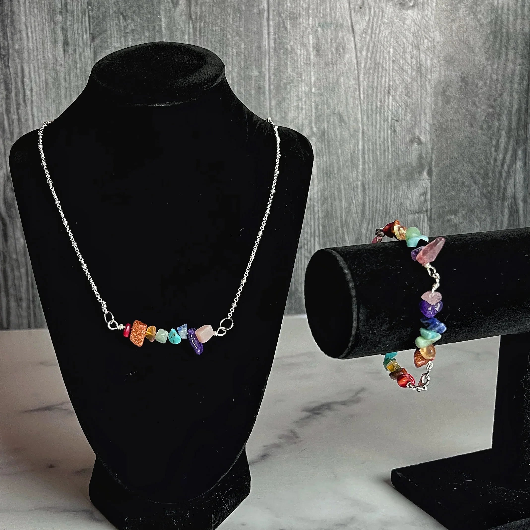 Be Proud Collection - Handmade Multicolored Bead Chip Matching Necklace and Bracelet Set - Turquoise, Amethyst, Citrine, Aventurine and Rose Quartz - Simply Rustic Jewelry