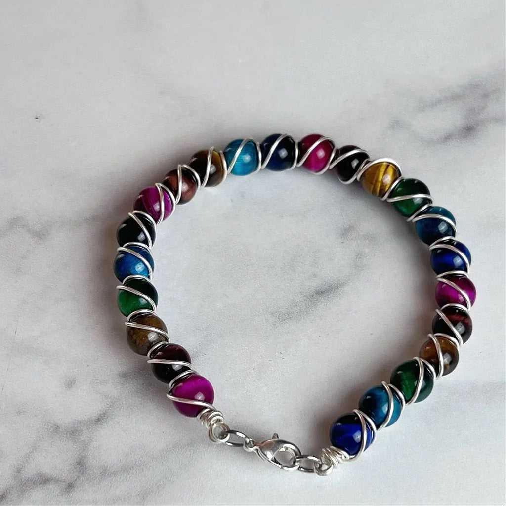 Handmade Pop of Color Wire Wrapped Tiger's Eye Bracelet - Simply Rustic Jewelry